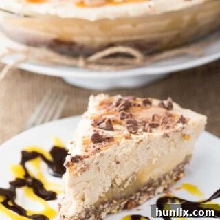 No Bake Peanut Butter Dream Pie 6 Frozen Peanut Butter Pie - Multiple layers of YUM including a pretzel crust, chocolate layer, caramel layer followed by peanut butter ice cream.