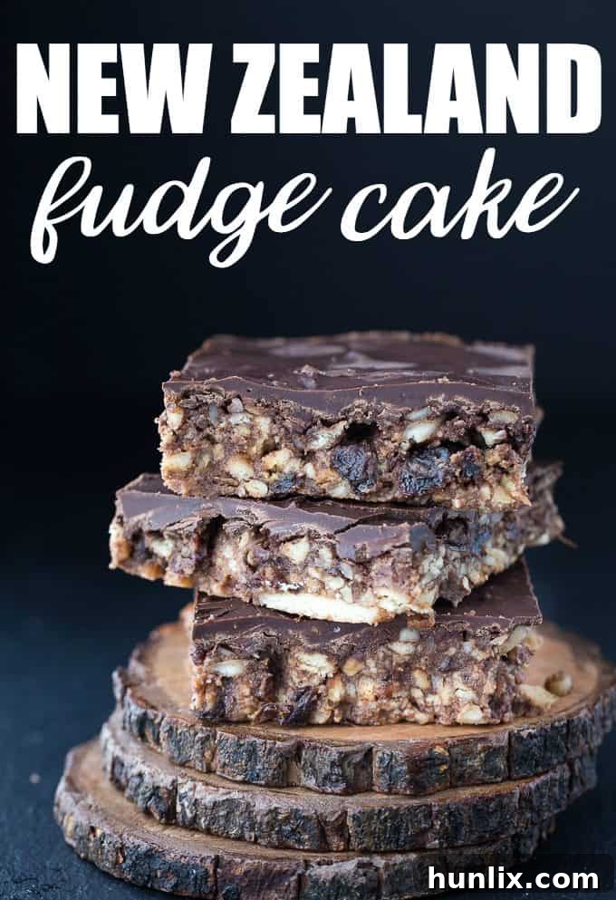 New Zealand Fudge Cake - A simple, no-bake dessert made with raisins, nuts, cookies and lots of chocolate!