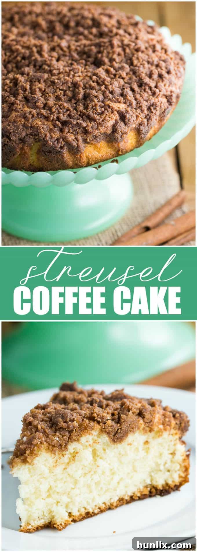 Streusel Coffee Cake - Another classic cake - for good reason! The crumbly cinnamon topping and the moist cake are the perfect pairing with a hot cup of coffee! This is a great make-ahead cake to have in the freezer for unexpected guests.