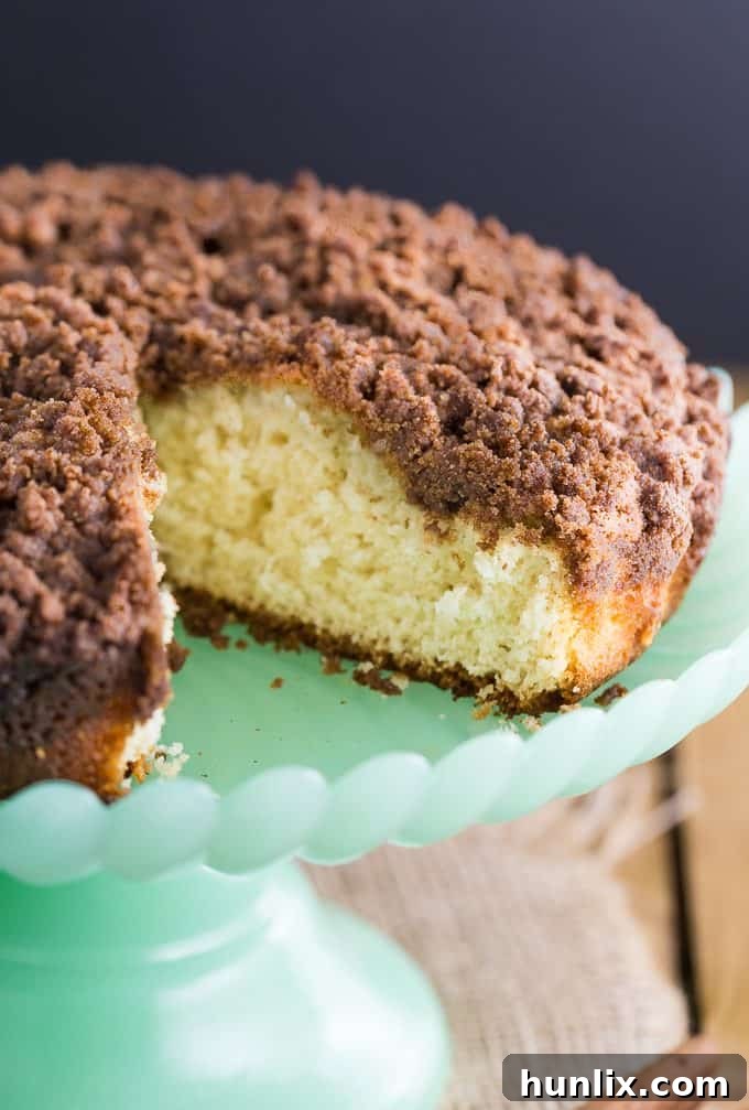 Streusel Coffee Cake - Another classic cake - for good reason! The crumbly cinnamon topping and the moist cake are the perfect pairing with a hot cup of coffee! This is a great make-ahead cake to have in the freezer for unexpected guests.