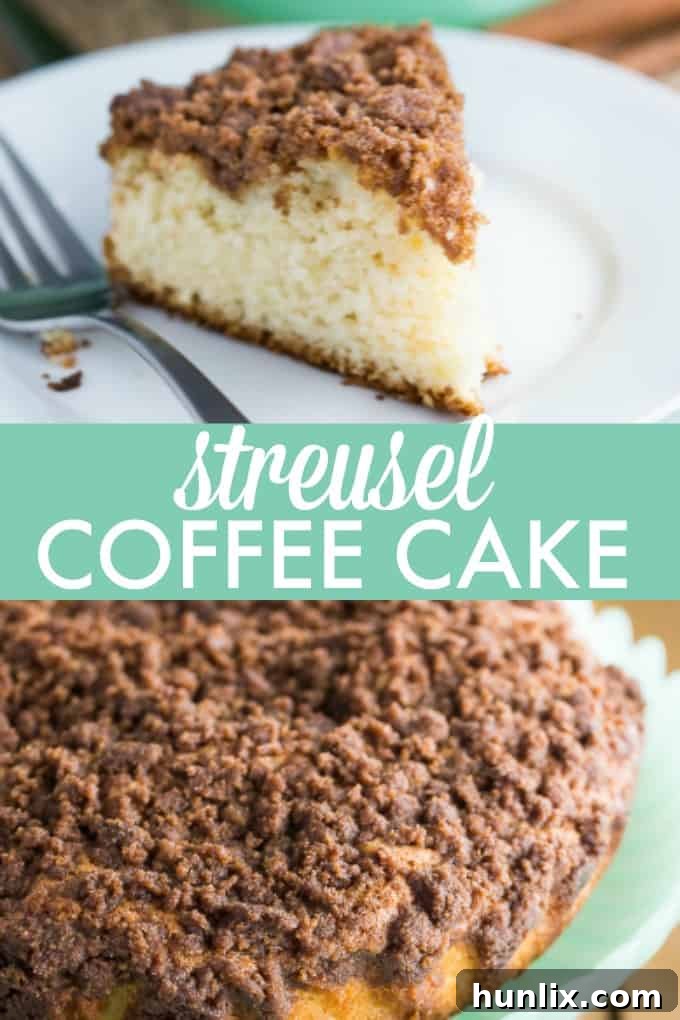 Streusel Coffee Cake - Another classic cake - for good reason! The crumbly cinnamon topping and the moist cake are the perfect pairing with a hot cup of coffee! This is a great make-ahead cake to have in the freezer for unexpected guests.