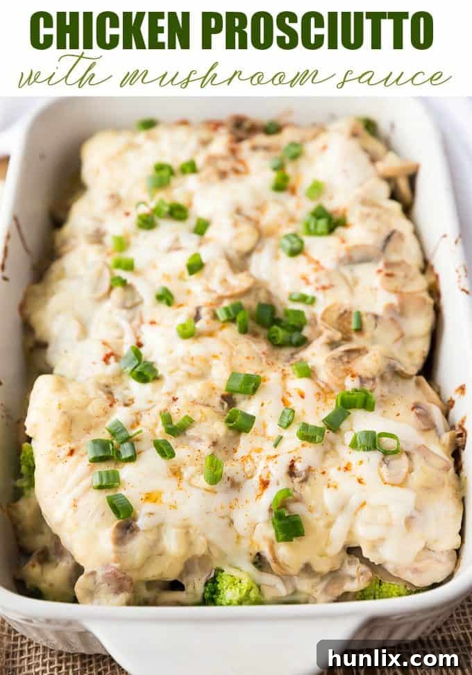 Chicken Prosciutto with Mushroom Sauce - Great for dinner parties! Juicy chicken breasts smothered in a creamy homemade mushroom sauce and topped with broccoli and prosciutto.