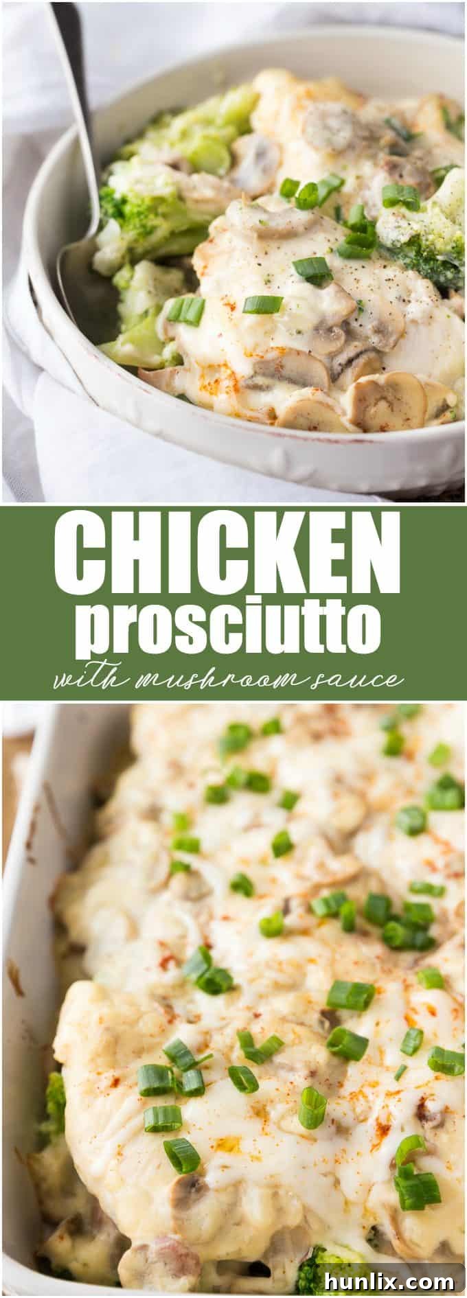 Chicken Prosciutto with Mushroom Sauce - Great for dinner parties! Juicy chicken breasts smothered in a creamy homemade mushroom sauce and topped with broccoli and prosciutto.