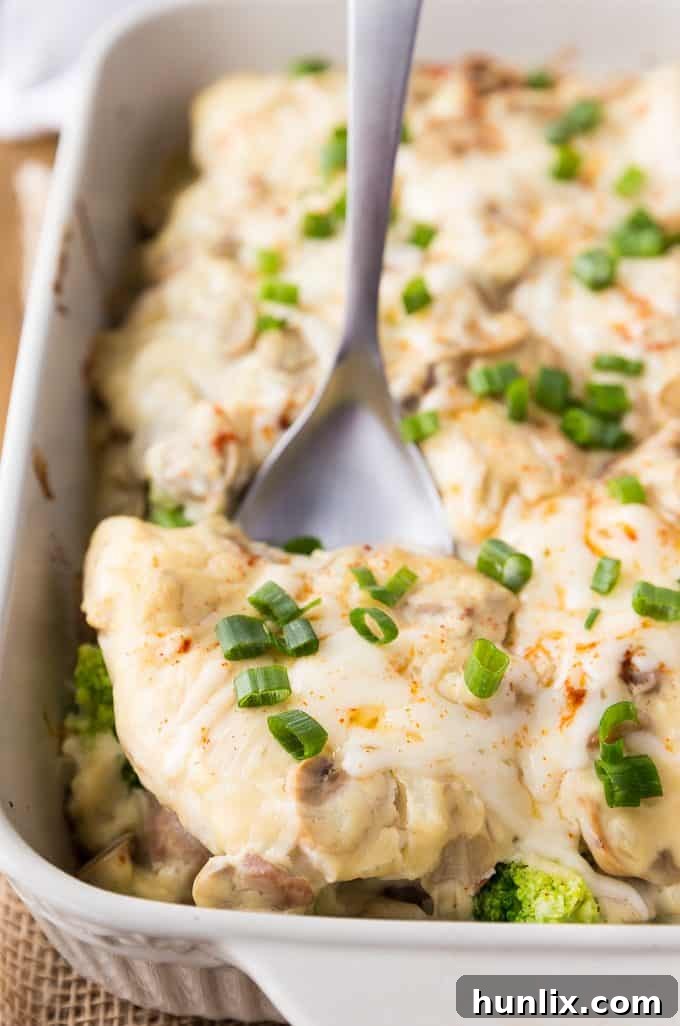 Chicken Prosciutto with Mushroom Sauce - Great for dinner parties! Juicy chicken breasts smothered in a creamy homemade mushroom sauce and topped with broccoli and prosciutto.