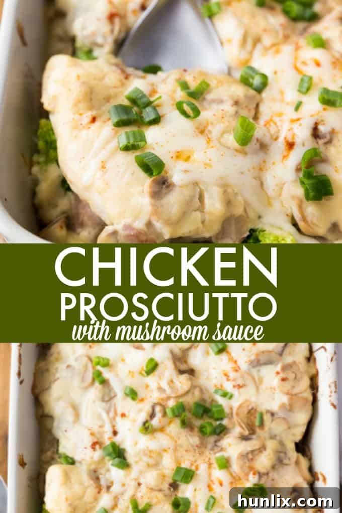 Chicken Prosciutto with Mushroom Sauce - Great for dinner parties! Juicy chicken breasts smothered in a creamy homemade mushroom sauce and topped with broccoli and prosciutto.