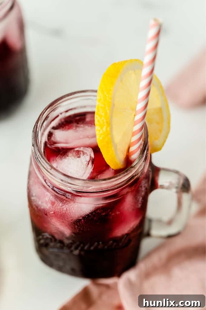 Zesty Grape Lemonade Fizz 2 Sparkling Grape Lemonade in a tall glass mug, garnished with lemon slices and fresh grapes, showcasing its vibrant purple-pink color and inviting bubbles.