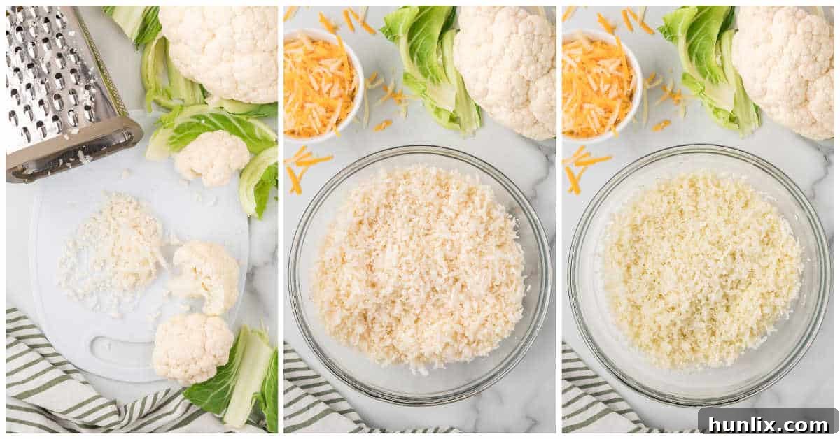 Two images side by side showing the process of making cauliflower crust pizza: grated cauliflower in a bowl and cauliflower being mixed with other ingredients.