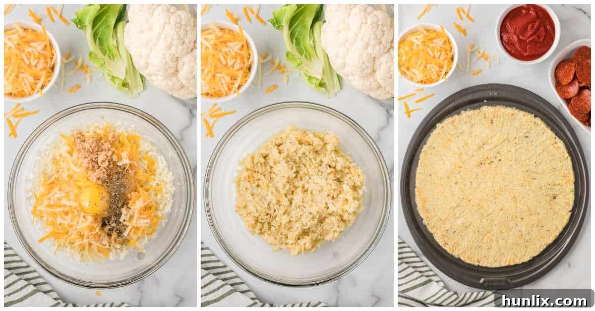 Two images side by side demonstrating the steps for cauliflower crust pizza: forming the dough on a baking sheet and brushing it with olive oil.
