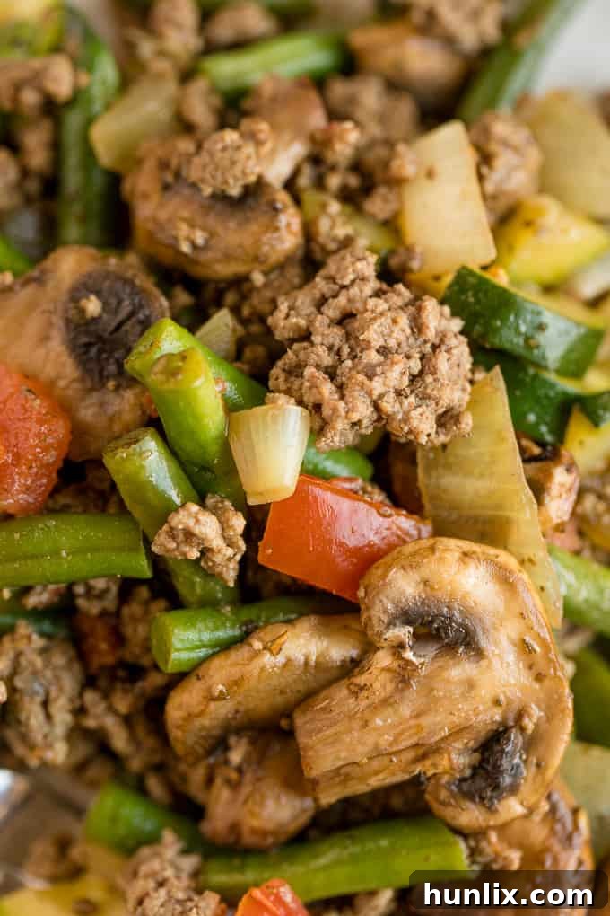 One-Pan Garden Beef and Vegetable Skillet 11 A large serving of Garden Vegetable Beef Skillet in a bowl, with a fork.