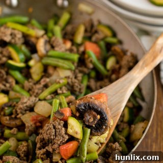 Garden Vegetable Beef Skillet - a one pan meal made with fresh veggies, spices and ground beef!