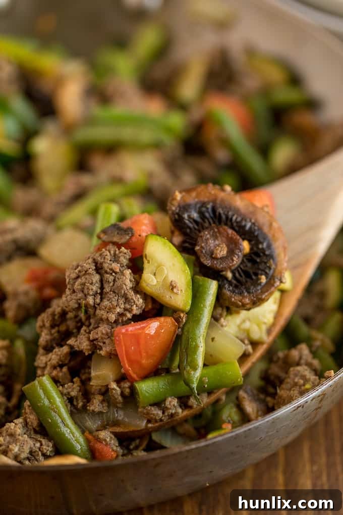 One-Pan Garden Beef and Vegetable Skillet 6 Overhead shot of the Garden Vegetable Beef Skillet served, ready to eat.
