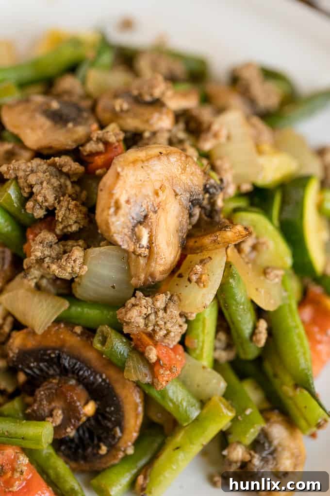 One-Pan Garden Beef and Vegetable Skillet 10 A bowl of Garden Vegetable Beef Skillet ready to be eaten or stored.