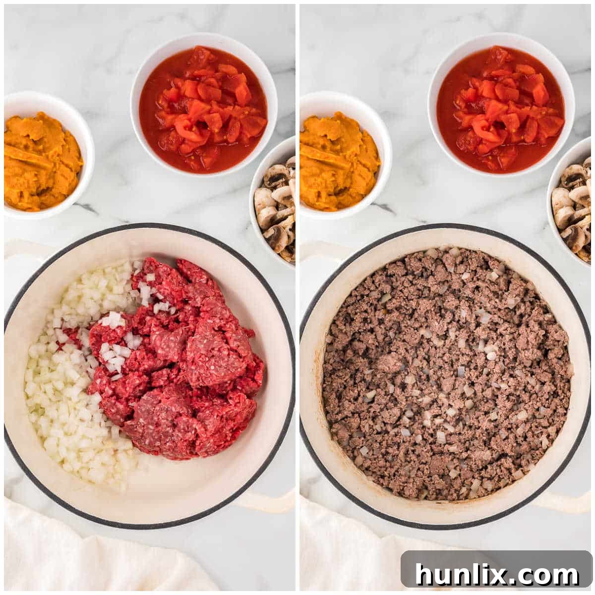 Golden Harvest Pumpkin Chili 4 A collage showing the initial steps of cooking pumpkin chili, with ground beef and onions browning in a pot.