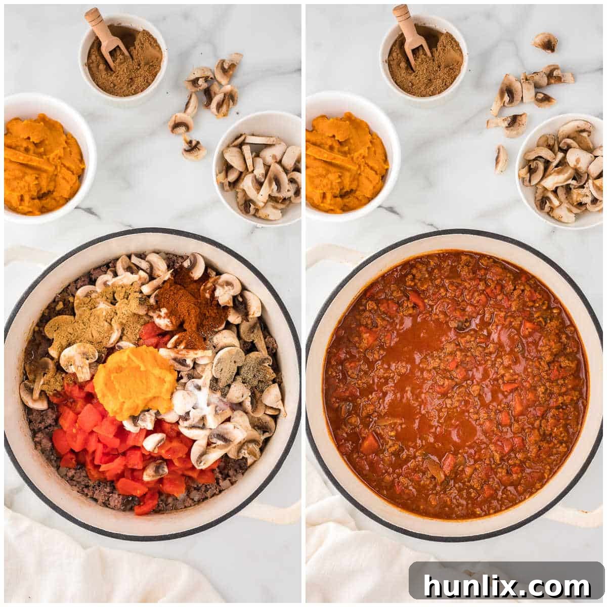 Golden Harvest Pumpkin Chili 5 A collage illustrating the process of adding ingredients and simmering the pumpkin chili in a pot, showing the rich texture.