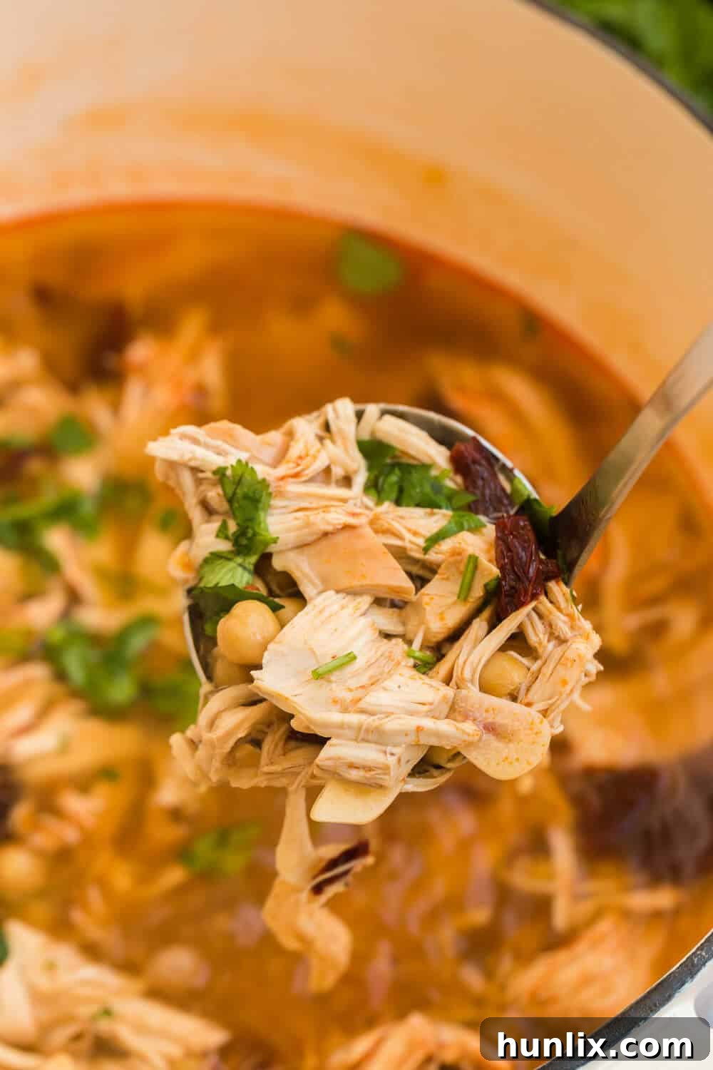 chipotle chicken soup in a soup ladle