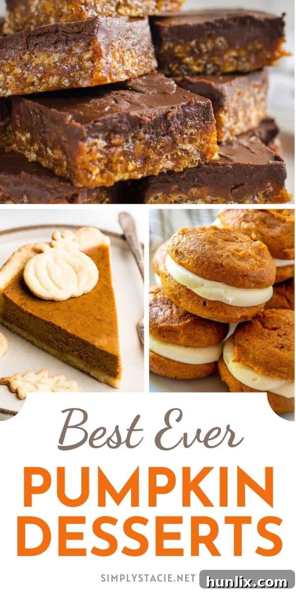 Best Ever Pumpkin Desserts - A diverse collection featuring cakes, pies, cupcakes, brownies, cookies, donuts, whoopie pies, and streusel bread, showcasing various pumpkin dessert styles.