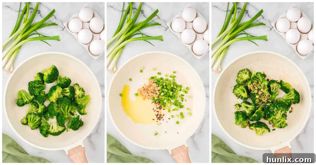 Savory Broccoli Frittata 4 Close-up view of cooked broccoli florets and sautéed aromatics in a skillet, representing an early stage of frittata preparation.