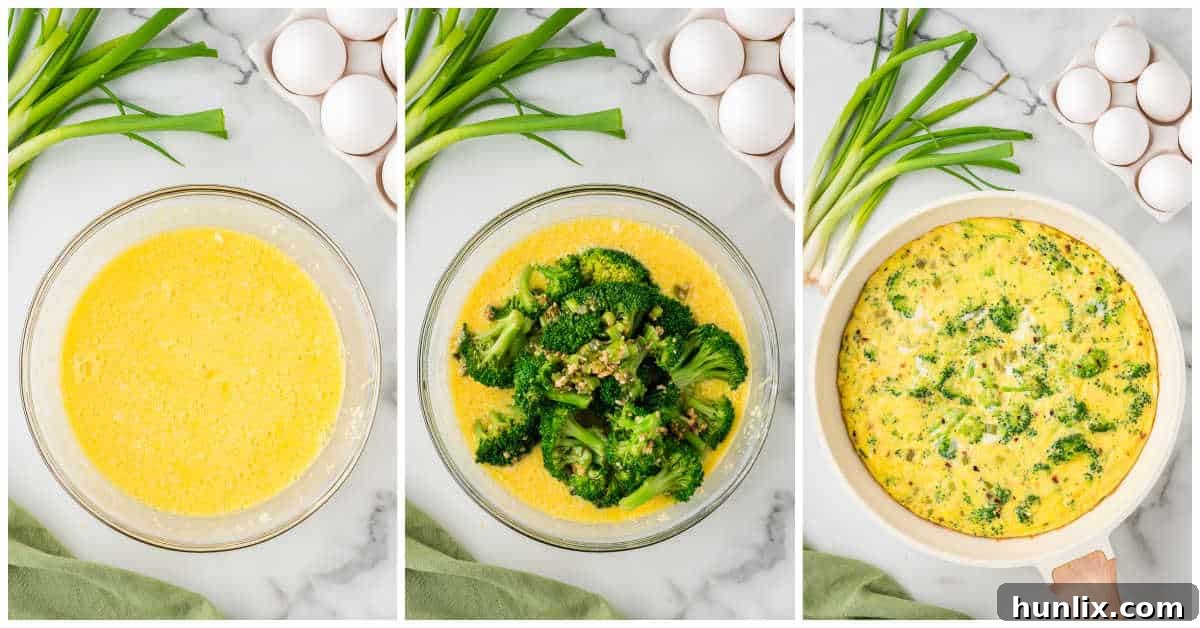Savory Broccoli Frittata 5 An egg and broccoli mixture being poured into a hot skillet, illustrating the initial stovetop cooking phase of the frittata.