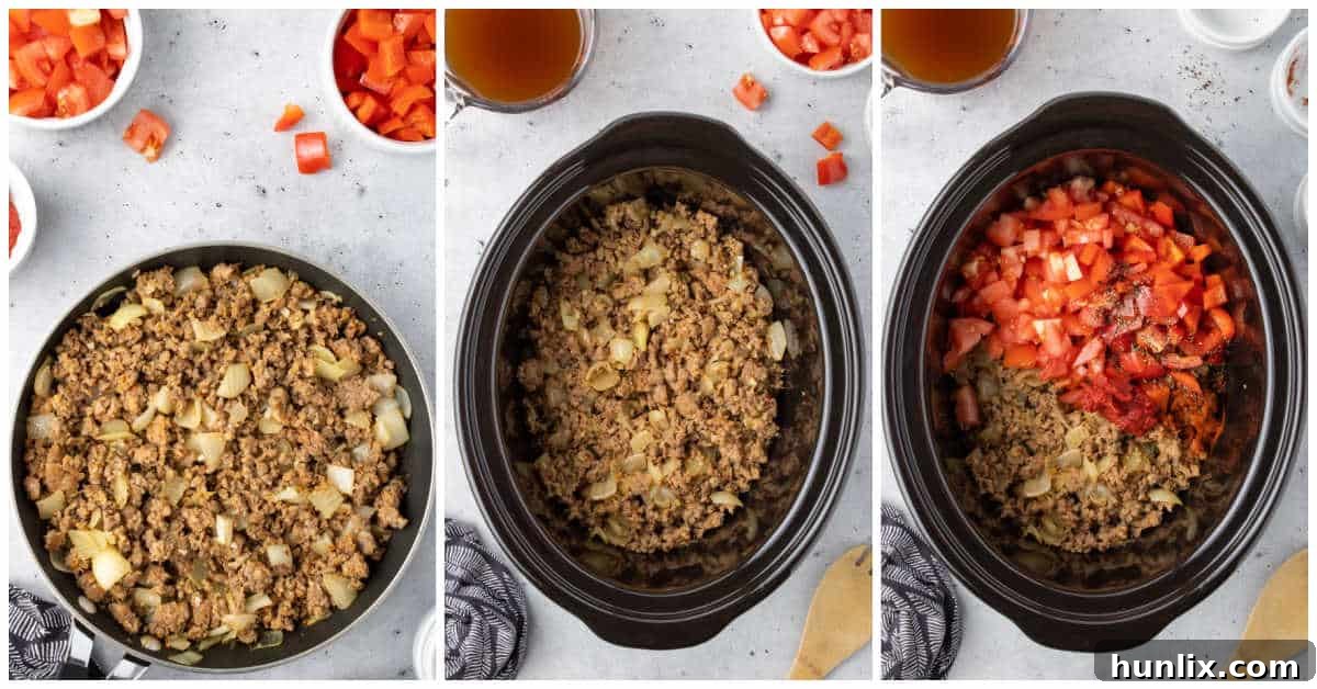 Sizzling Chorizo Stew 4 Browning sausage and onions in a frying pan for spicy sausage soup.