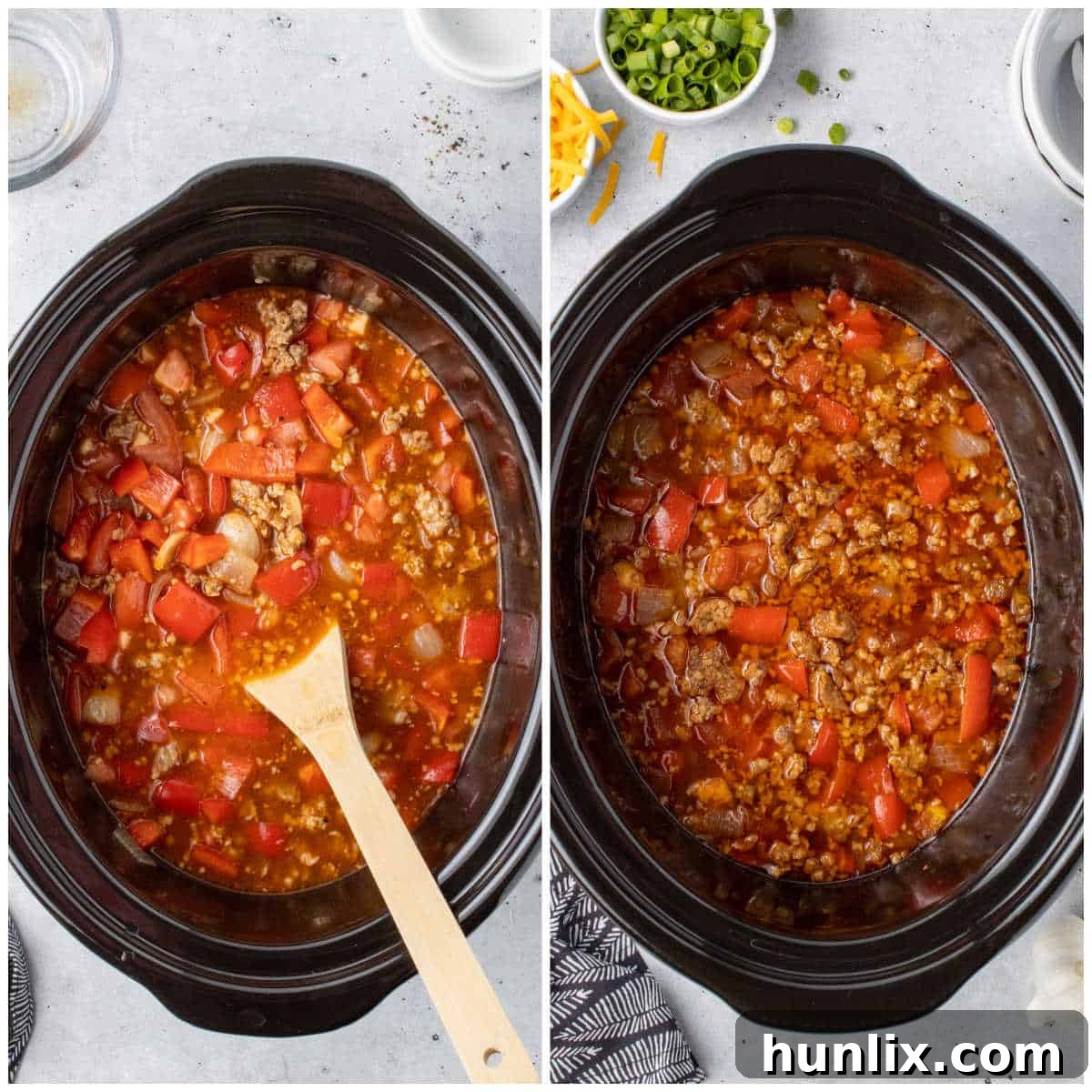 Sizzling Chorizo Stew 5 All ingredients combined in a slow cooker for spicy sausage soup, ready for cooking.