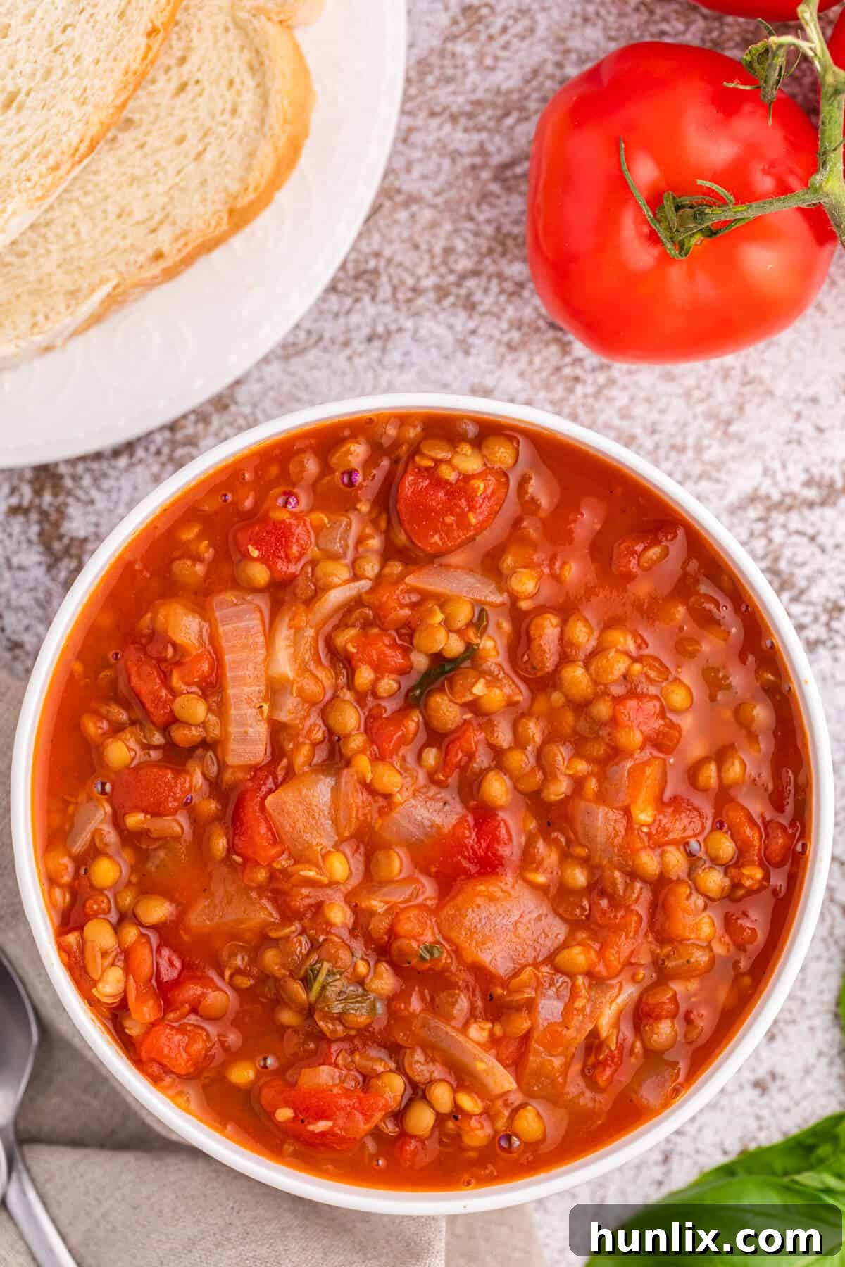 A beautifully presented bowl of tomato lentil soup, garnished with fresh basil, ready to eat.