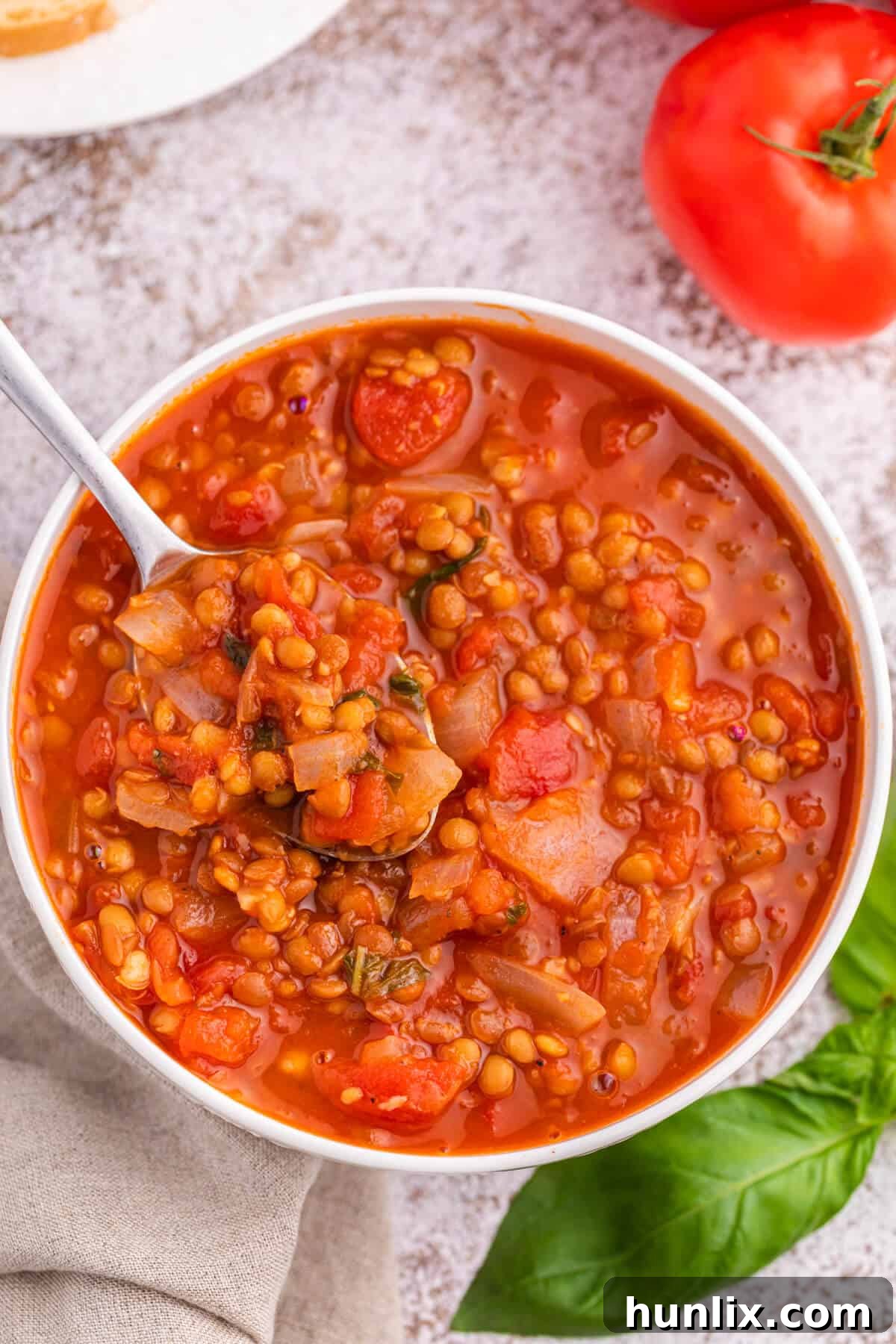 A close-up of a bowl of rich tomato lentil soup with a spoon, highlighting the hearty lentils and tomato chunks.