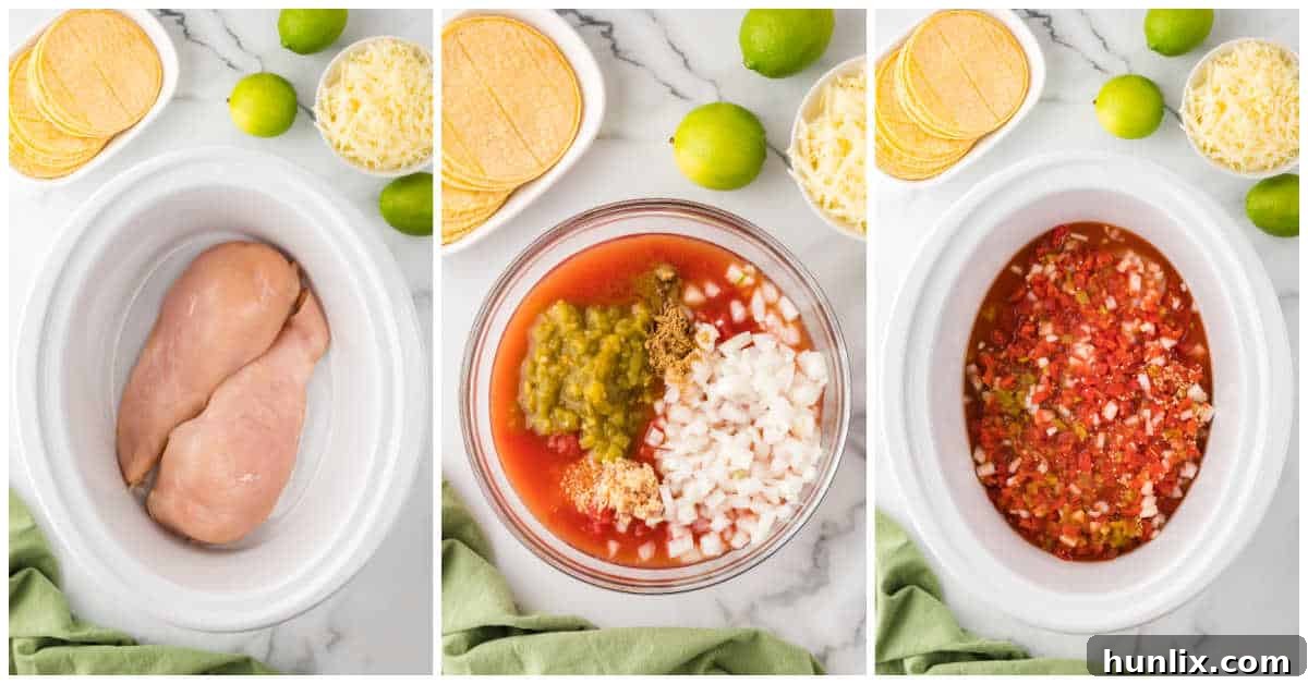 Fiesta Chicken Tortilla Soup 4 A collage showing ingredients being added to a white crockpot for chicken tortilla soup.