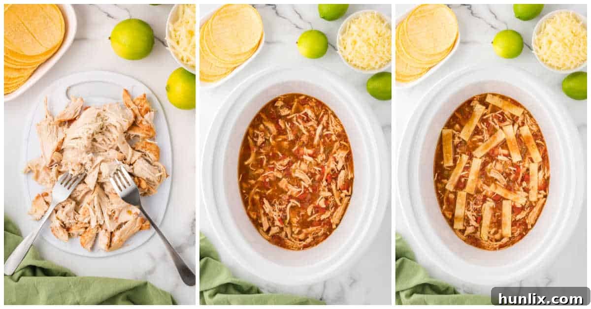 Fiesta Chicken Tortilla Soup 5 A collage illustrating the steps of shredding chicken and adding it back to the slow cooker for soup.