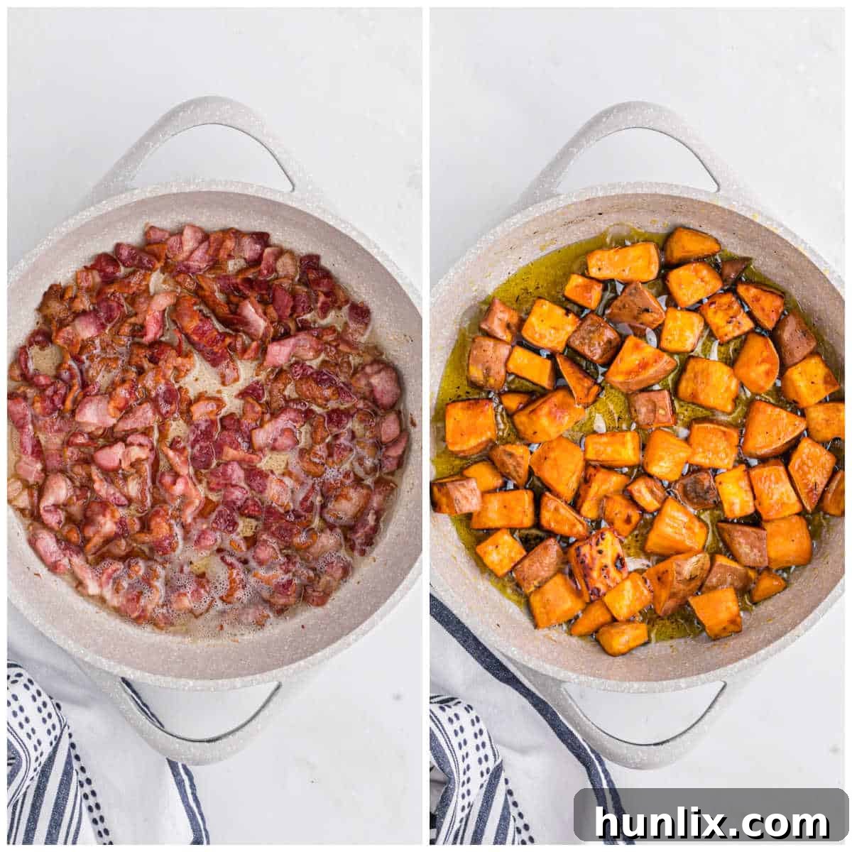 Sweet potato home fries prep, showing diced sweet potatoes and chopped bacon.