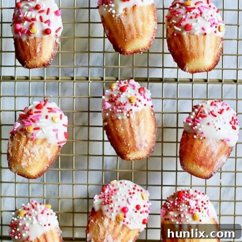 Elegant White Chocolate Dipped Madeleine Valentine Cookies, easy to make and beautiful food gifts.
