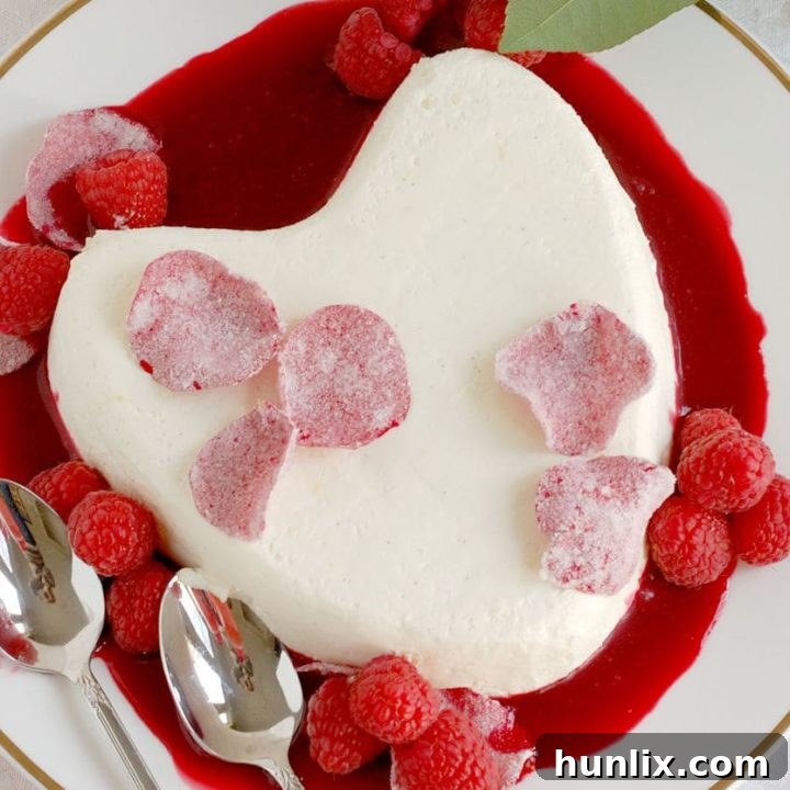 Elegant Coeur a la Creme with Raspberry Rose Sauce, a truly romantic and beautiful dessert.