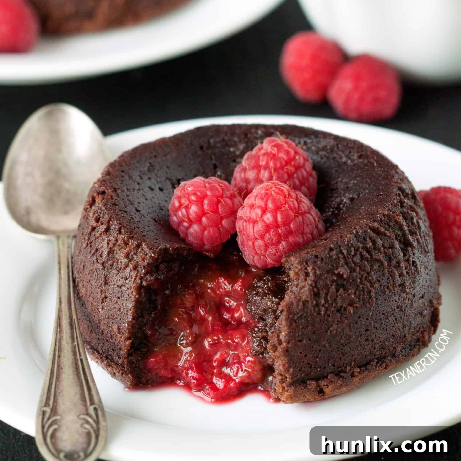 Gooey Raspberry Molten Lava Cakes, a perfect romantic dessert for two, with gluten-free and dairy-free options.