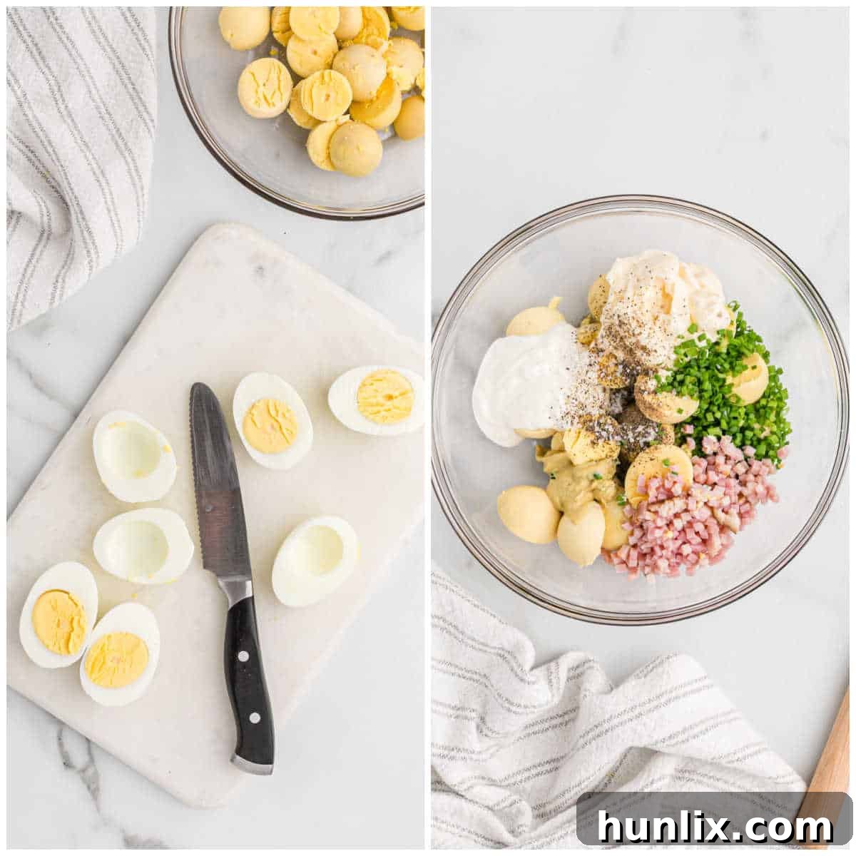 Sinfully Delicious Eggs 4 Close-up of egg yolks being mashed with mayonnaise, sour cream, and Dijon mustard in a mixing bowl, illustrating the first step of the recipe.