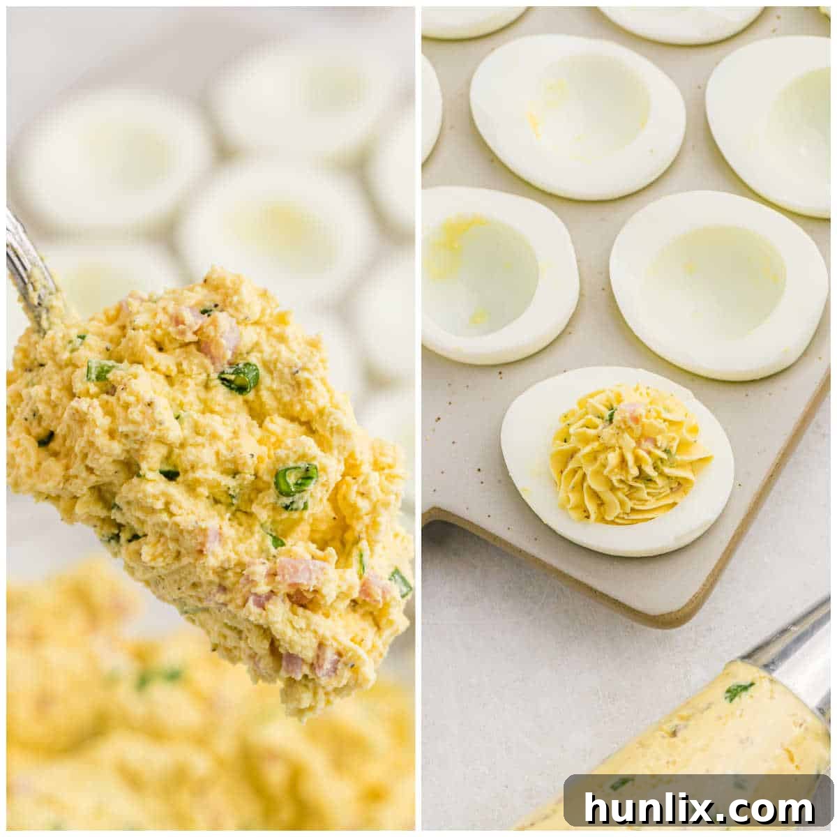 Sinfully Delicious Eggs 5 Devilish Eggs filling being spooned into egg white halves, showing the creamy texture with ham and green onions.