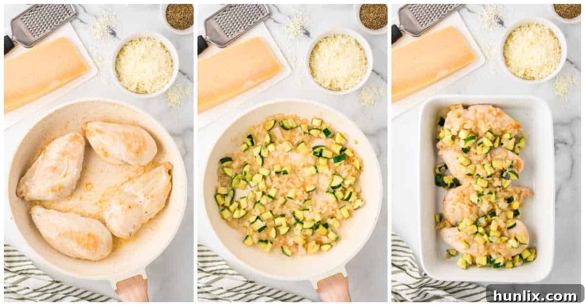 Homestyle Chicken Parmesan Bake 4 First steps of preparing baked chicken parmesan, showing chicken searing and vegetable sautéing in a skillet.
