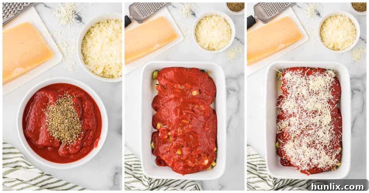 Homestyle Chicken Parmesan Bake 5 Final preparation steps for baked chicken parmesan, with sauce and cheese added before baking.