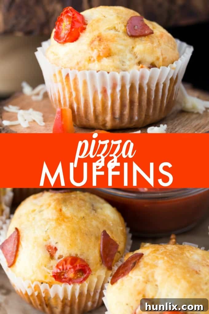 A close-up shot of baked pizza muffins topped with melted cheese, pepperoni, and cherry tomatoes, showcasing their golden crust.