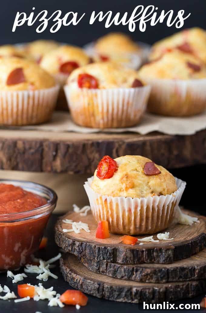 A collage featuring various close-up shots of delicious, golden-brown pizza muffins with melted cheese and toppings.