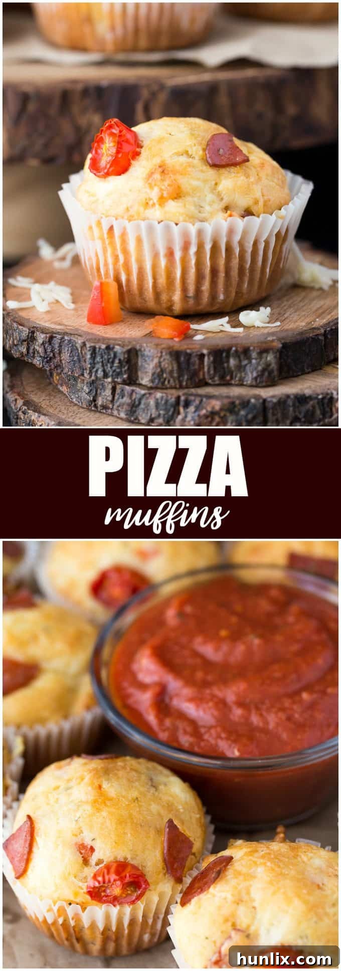 A vibrant collage of pizza muffins, showcasing various angles and toppings, highlighting their appealing texture and golden-brown finish.