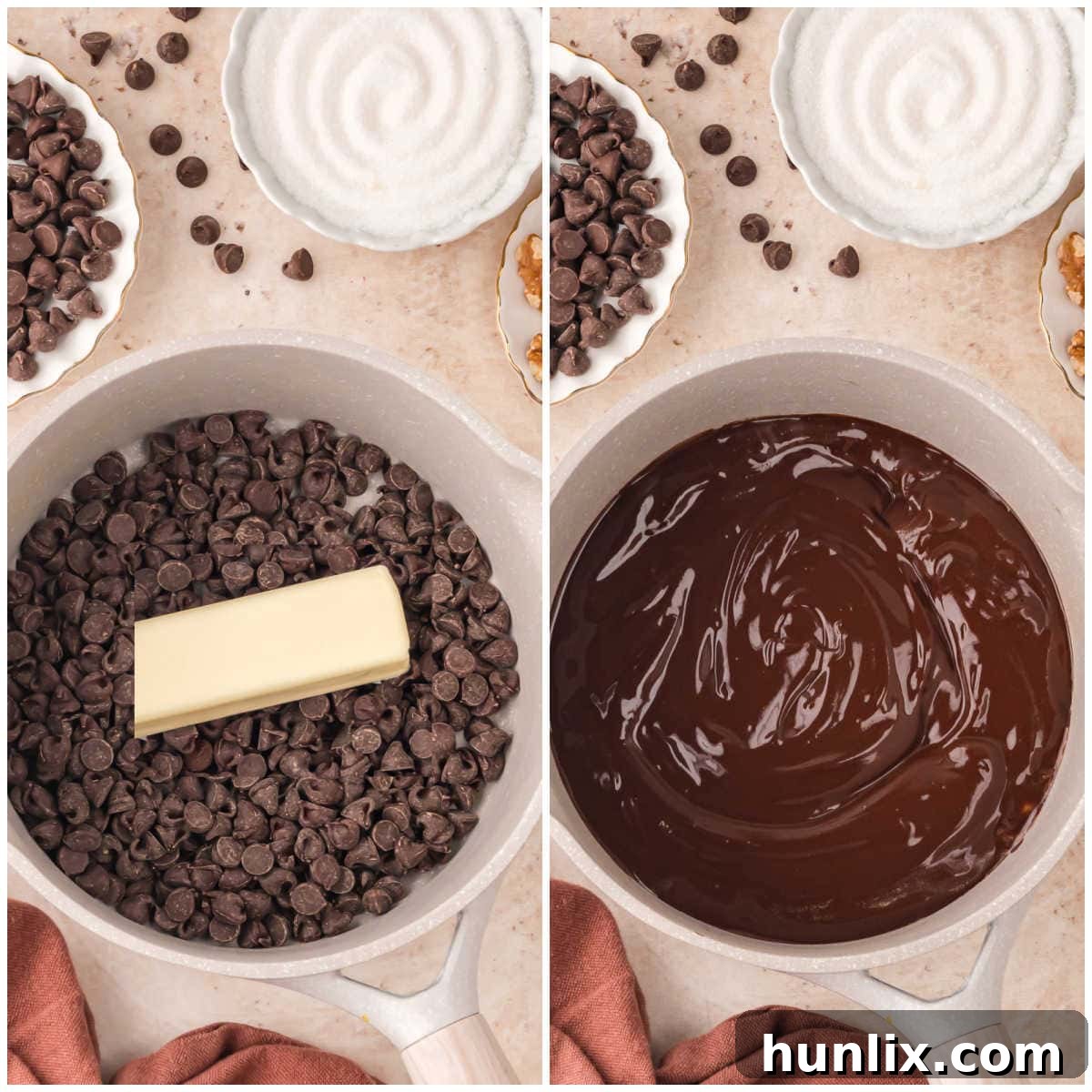 A collage showing the process of melting chocolate chips and butter in a medium saucepan on a stovetop, gradually turning into a smooth, glossy mixture.