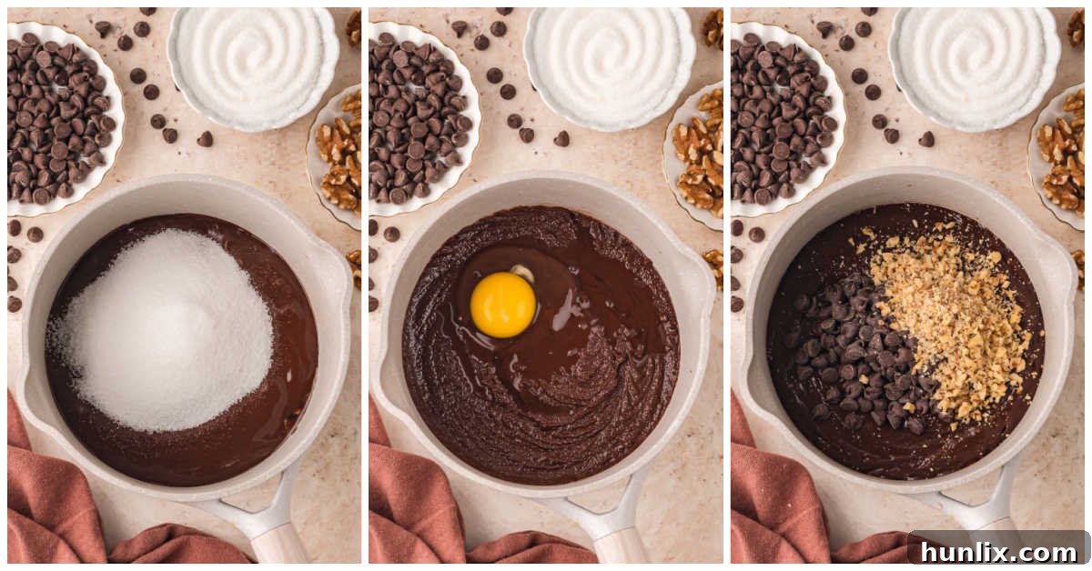 A collage illustrating the mixing process: first, whisking sugar and vanilla into melted chocolate, then incorporating eggs one by one, and finally folding in flour, chocolate chips, and walnuts to create the brownie batter.