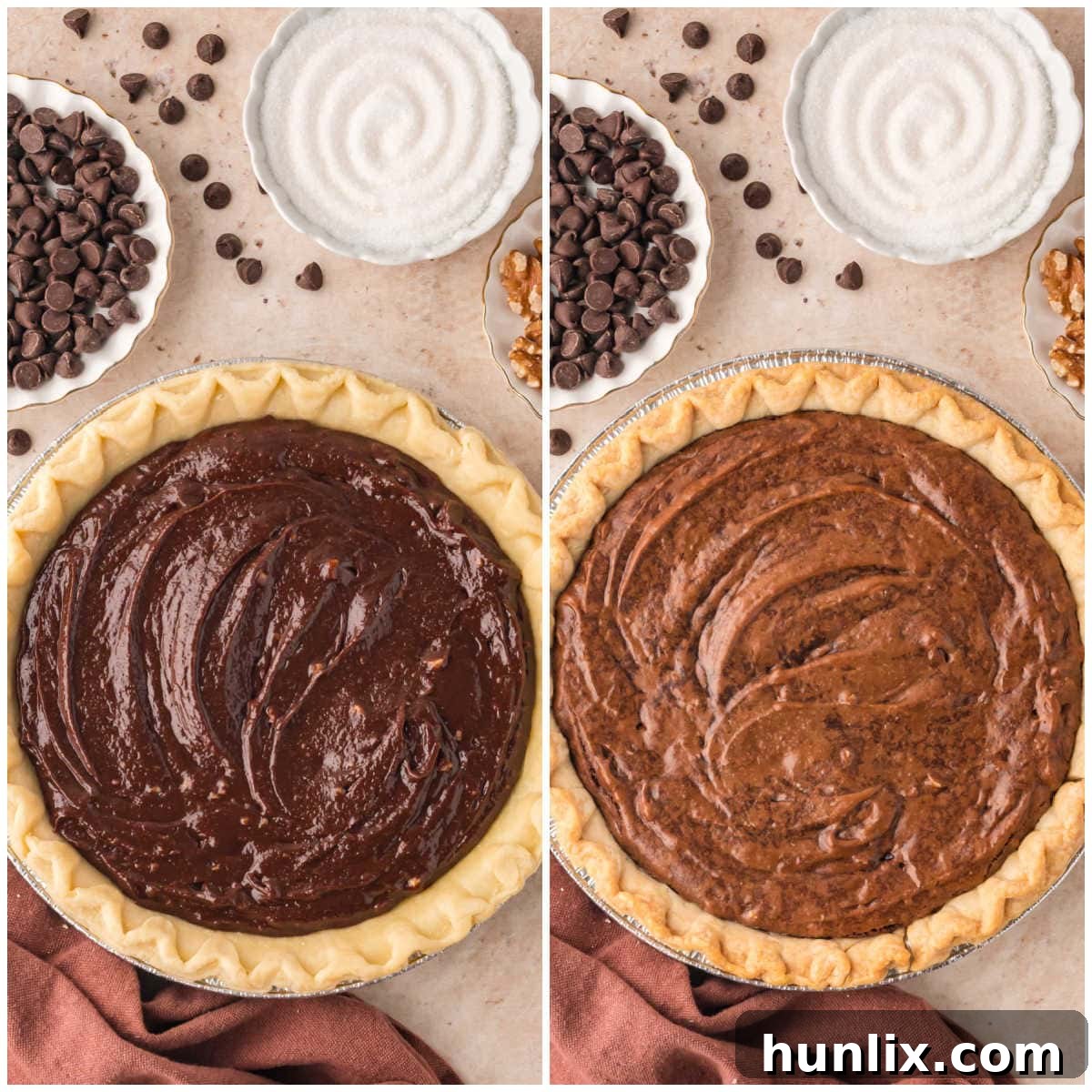 A collage depicting the final stages of baking: the raw brownie batter being spread into a pie crust, the pie baking in the oven, and the finished golden-brown brownie pie.