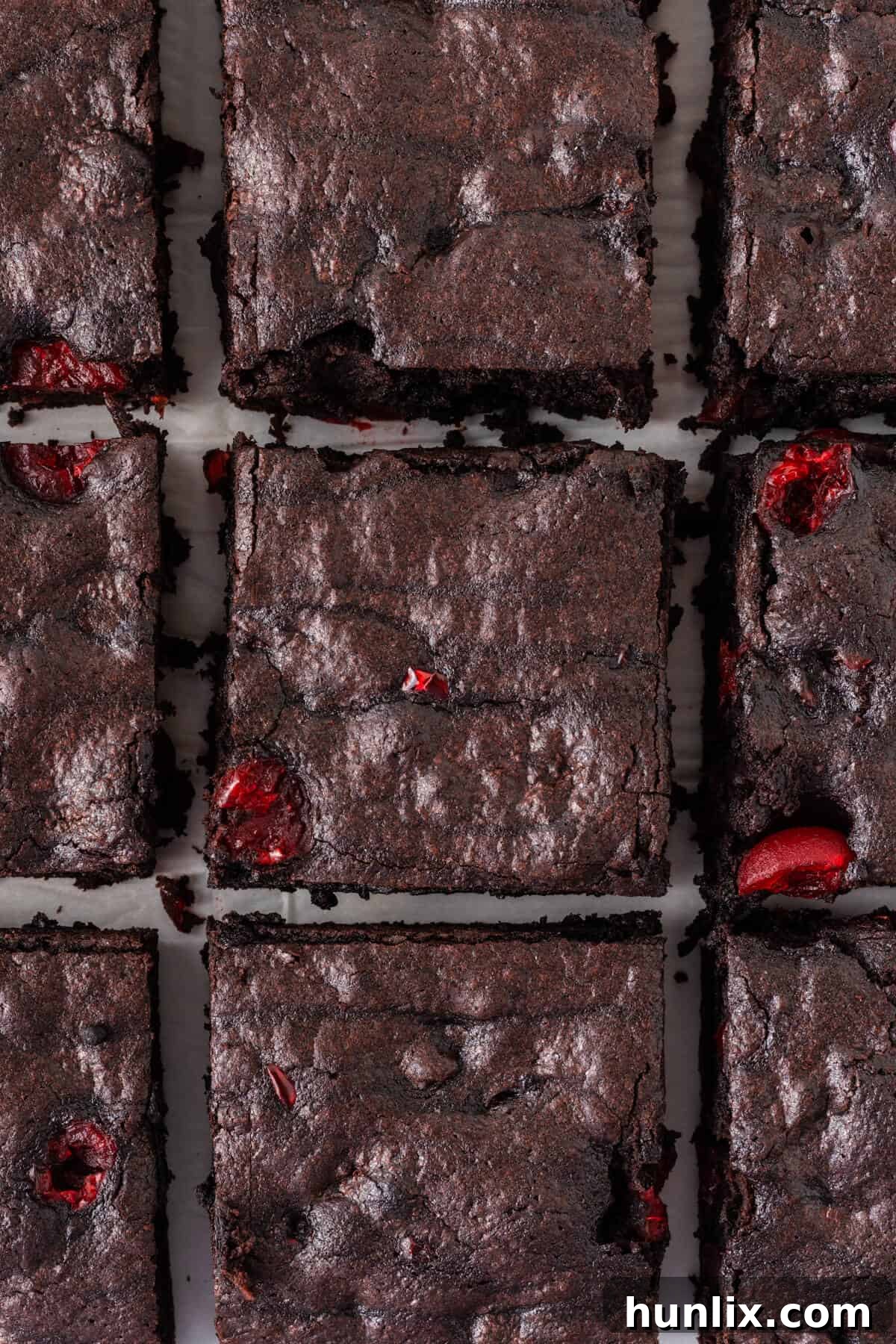 Black Forest Cherry Brownies 2 Cherry chocolate brownies cut into perfect squares, ready to be served.