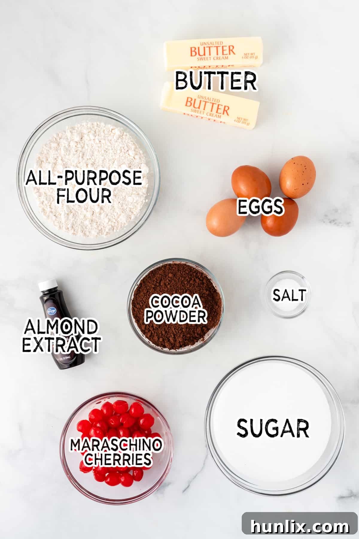 Black Forest Cherry Brownies 3 Fresh ingredients laid out on a marble counter, ready for baking.