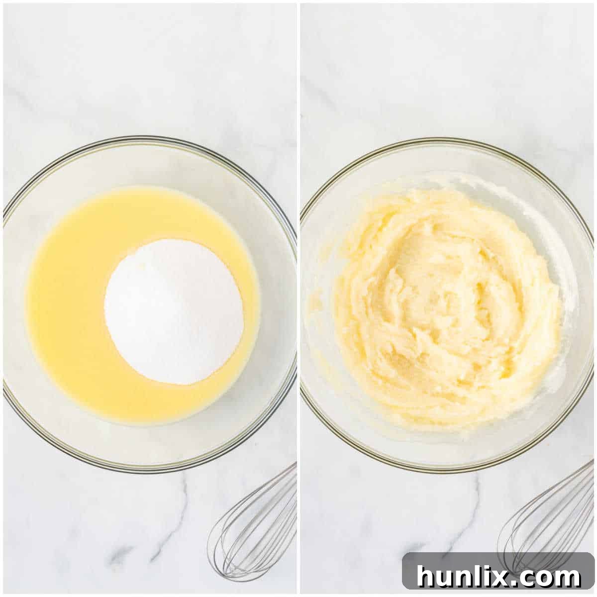 Black Forest Cherry Brownies 4 A collage showing the process of creaming melted butter and sugar in a bowl.