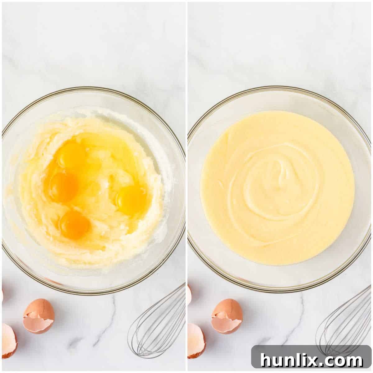 Black Forest Cherry Brownies 5 A collage illustrating the addition of eggs to the brownie mixture.