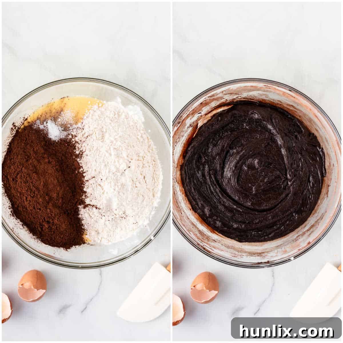 Black Forest Cherry Brownies 6 A collage showing the addition of dry ingredients like flour, salt, and cocoa to the bowl.