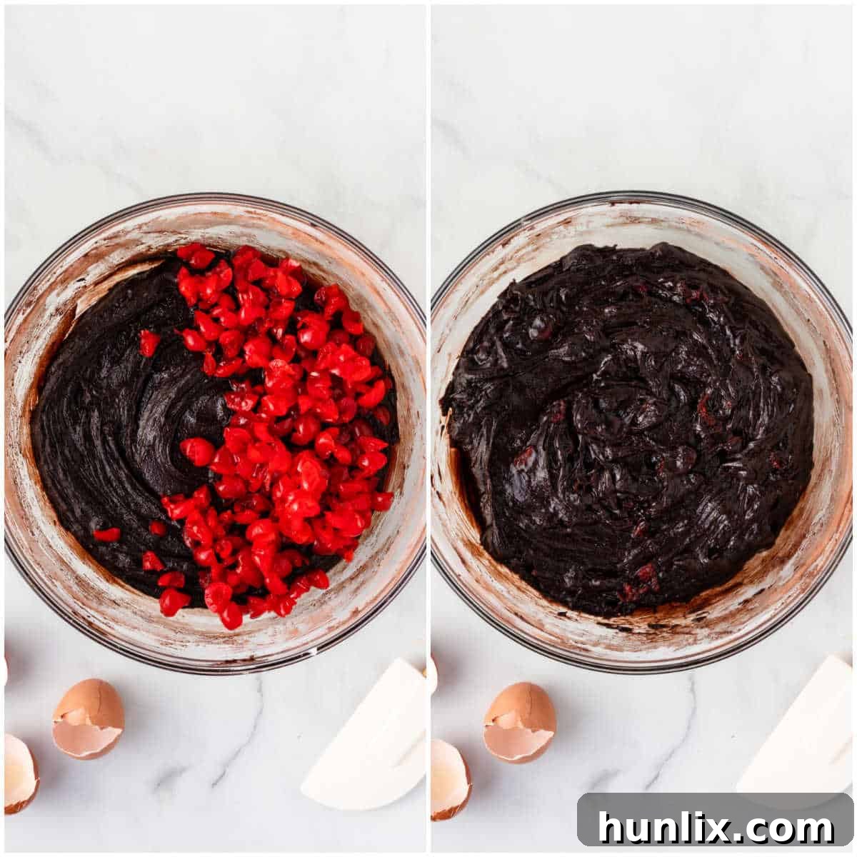 Black Forest Cherry Brownies 7 A collage demonstrating the folding of maraschino cherries into the brownie batter.