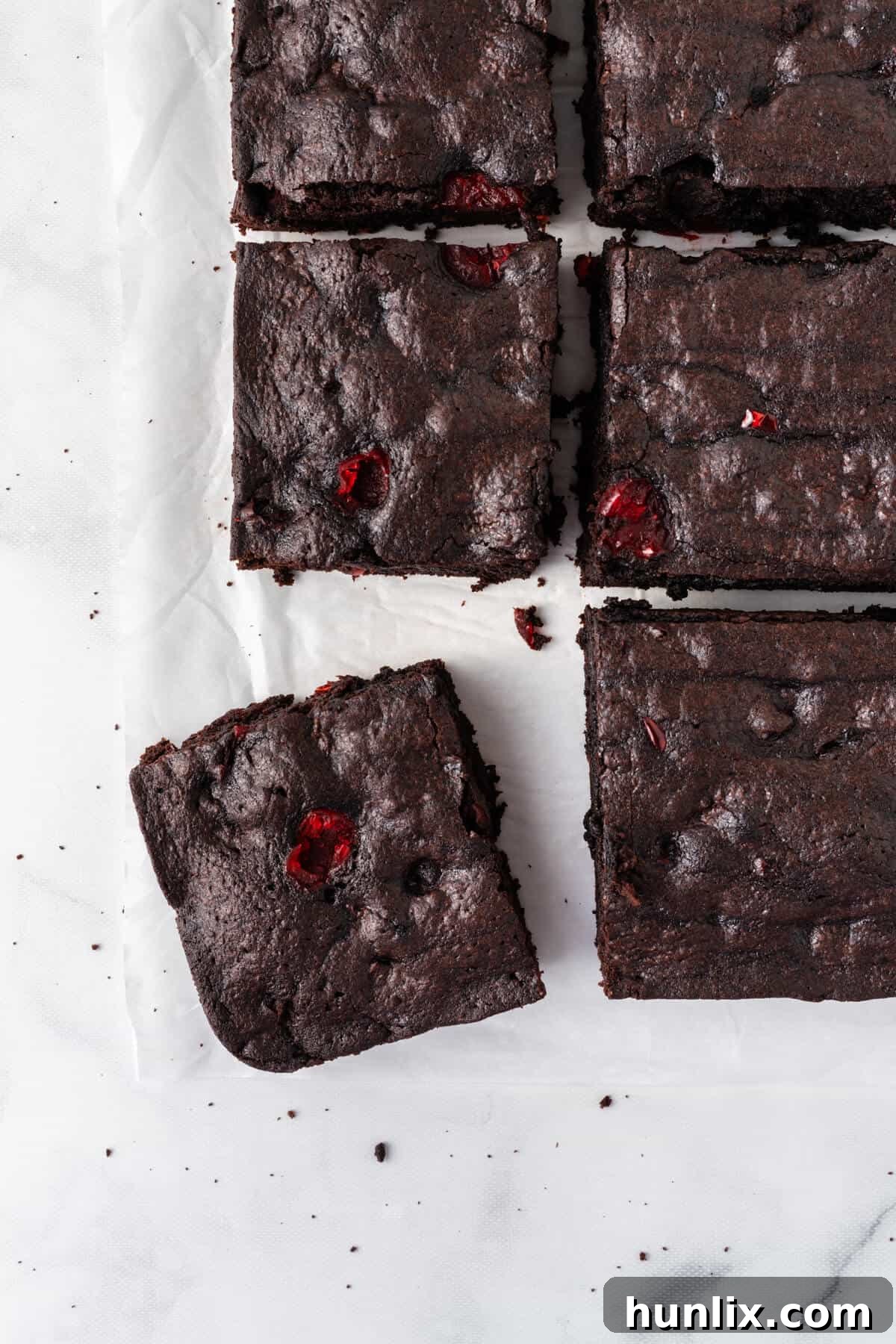 Black Forest Cherry Brownies 9 The finished cherry chocolate brownies, perfectly cut into squares.