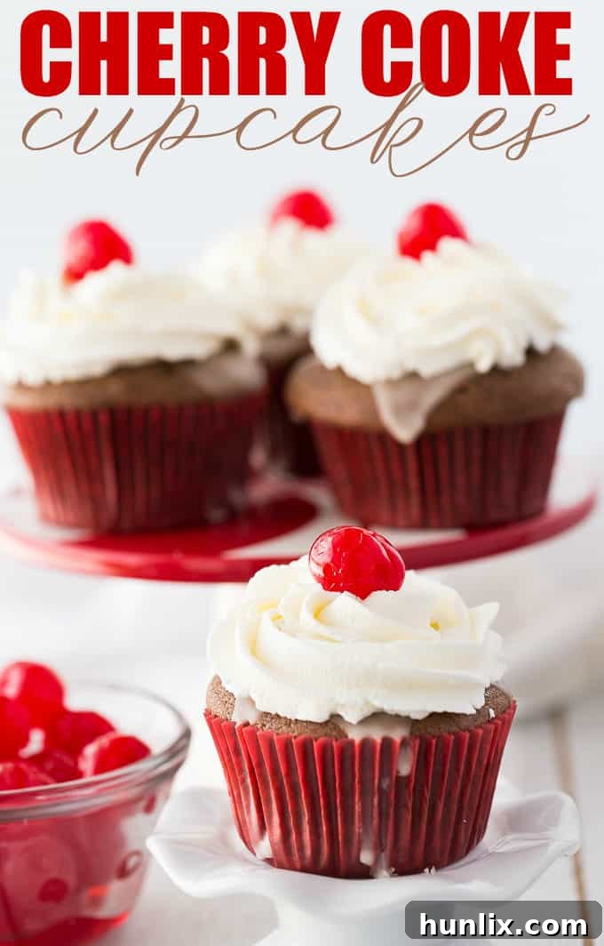 Cherry Coke Cupcakes - Each cupcake has a cherry in the middle, glazed with a Coca-Coca sugar glaze and topped with sweet and fluffy whipped cream. 